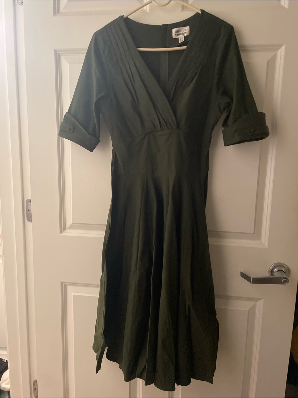 Unique Vintage Olive Green Wrap-Style Midi Dress